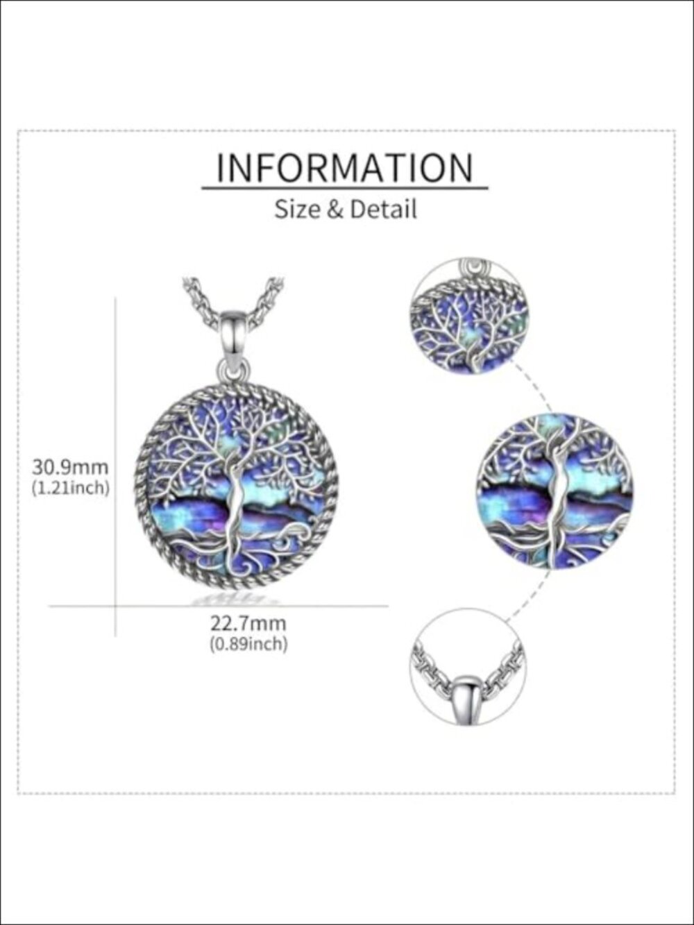Tree of Life Necklace 18K White Gold Plated Abalone Shell 22+2" Gift for Women